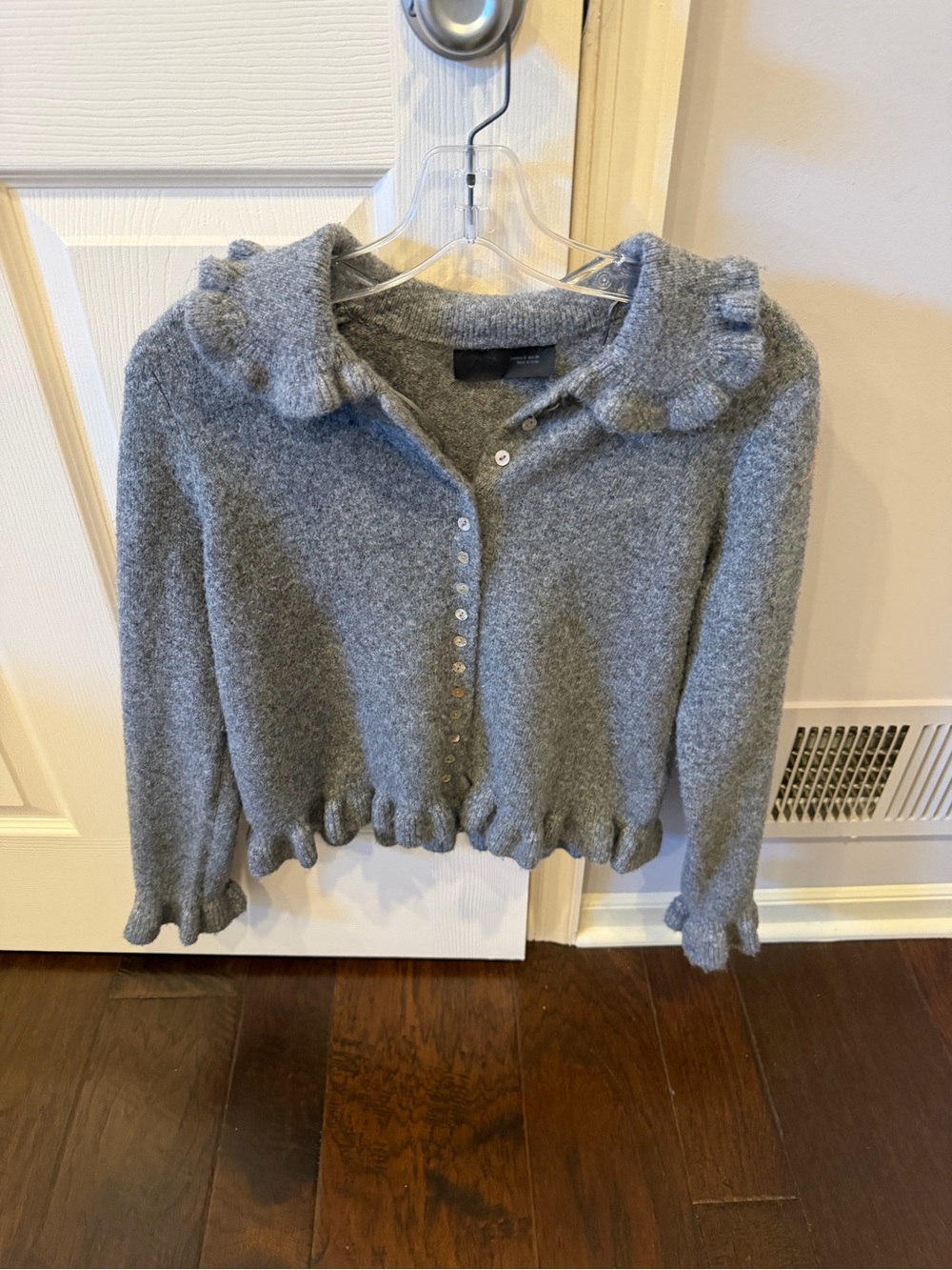 Zara Light Gray Ruffle-Trim Button Cardigan